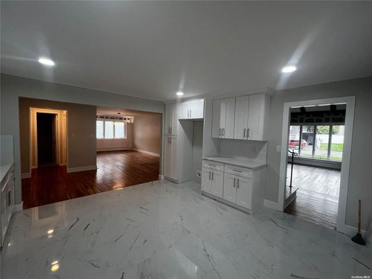 Empty room, Interior, Kitchen, Marble, Recessed Lighting, Wood Texture Flooring