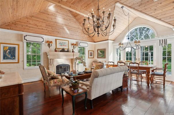 Chandelier, Dining room, Fireplace, Interior, Living room, Wooden Ceilings, Wood Texture Flooring