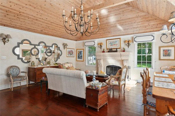 Chandelier, Dining room, Fireplace, Interior, Living room, Wooden Ceilings, Wood Texture Flooring