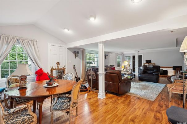 Dining room, Interior, Living room, Recessed Lighting, Wood Texture Flooring