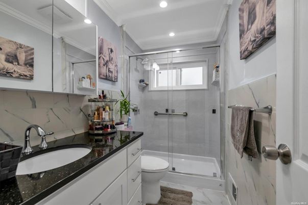 Bathroom, Glass Shower, Interior, Marble, Marble Walls, Recessed Lighting