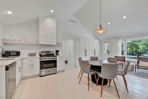 Dining room, Interior, Kitchen, Pendant Lights, Recessed Lighting, Stainless Steel Appliances, Wood Texture Flooring