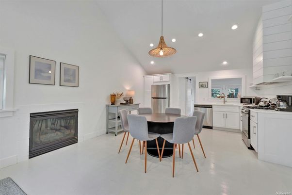 Dining room, Fireplace, Interior, Kitchen, Pendant Lights, Recessed Lighting, Stainless Steel Appliances