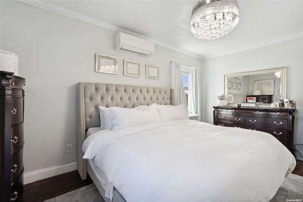 Bedroom, Chandelier, Interior, Wood Texture Flooring