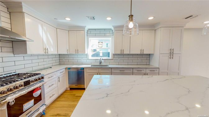 Interior, Kitchen, Pendant Lights, Recessed Lighting, Stainless Steel Appliances, Wood Texture Flooring