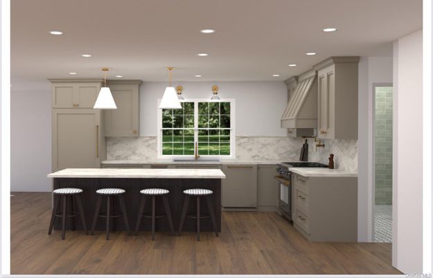 Interior, Kitchen, Marble Walls, Pendant Lights, Recessed Lighting, Wood Texture Flooring