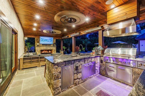Exterior, Fireplace, Recessed Lighting, Wooden Ceilings