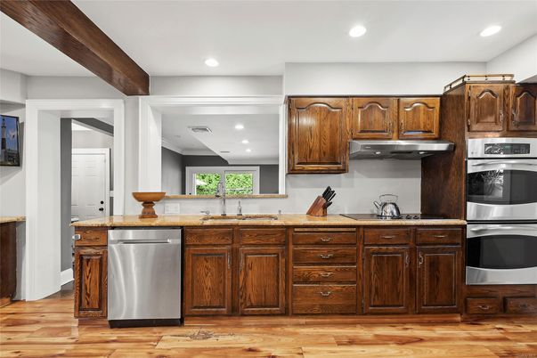 Interior, Kitchen, Recessed Lighting, Stainless Steel Appliances, Wood Texture Flooring