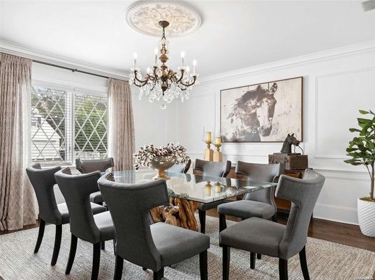 Chandelier, Dining room, Interior, Wood Texture Flooring