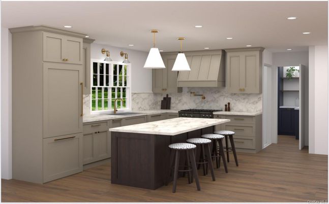Interior, Kitchen, Marble Walls, Pendant Lights, Recessed Lighting, Wood Texture Flooring