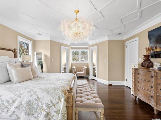 Bedroom, Chandelier, Interior, Wood Texture Flooring