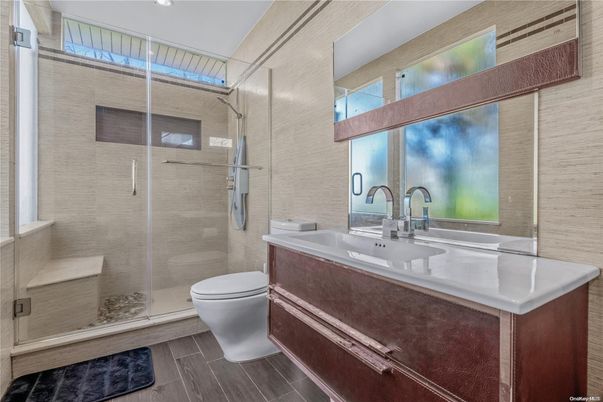 Bathroom, Glass Shower, Interior, Wood Texture Flooring