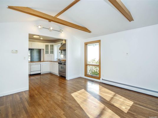 Empty room, Interior, Kitchen, Stainless Steel Appliances, Wooden Beams, Wood Texture Flooring