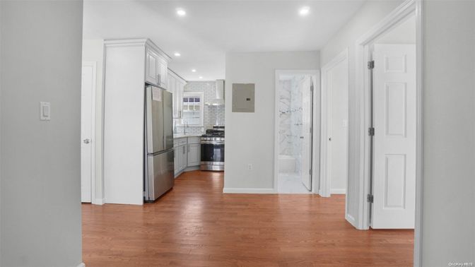 Interior, Kitchen, Recessed Lighting, Stainless Steel Appliances, Wood Texture Flooring