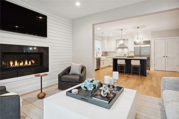 Fireplace, Interior, Kitchen, Pendant Lights, Recessed Lighting, Stainless Steel Appliances, Wood Texture Flooring