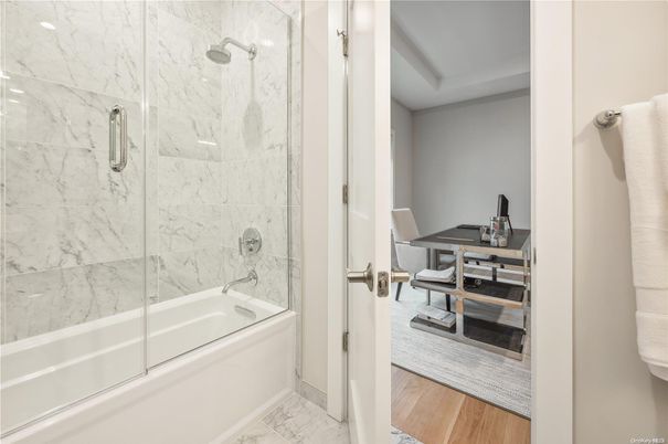 Bathroom, Glass Shower, Interior, Marble, Marble Walls, Wood Texture Flooring