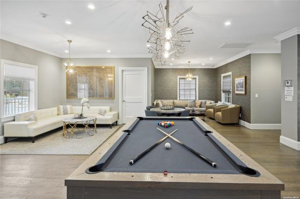 Billiard Table, Game Room, Interior, Living room, Pendant Lights, Recessed Lighting, Wood Texture Flooring