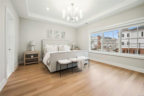 Bedroom, Chandelier, Interior, Recessed Lighting, Wood Texture Flooring