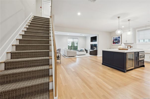 Fireplace, Interior, Kitchen, Living room, Pendant Lights, Recessed Lighting, Wood Texture Flooring