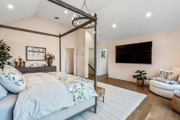 Bedroom, Interior, Pendant Lights, Recessed Lighting, Wood Texture Flooring