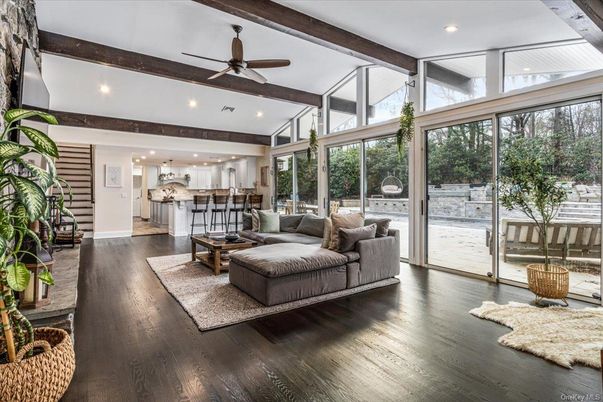 Interior, Kitchen, Living room, Pendant Lights, Recessed Lighting, Wooden Beams, Wood Texture Flooring