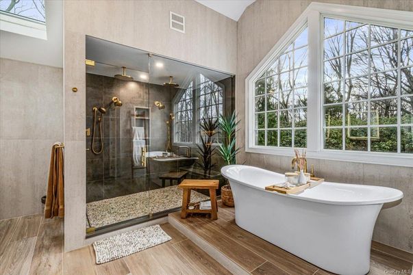 Bathroom, Free Standing Baths, Glass Shower, Interior, Wood Texture Flooring