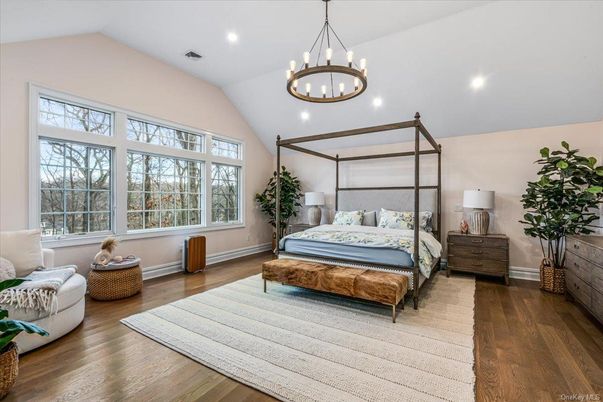 Bedroom, Chandelier, Interior, Pendant Lights, Recessed Lighting, Wood Texture Flooring