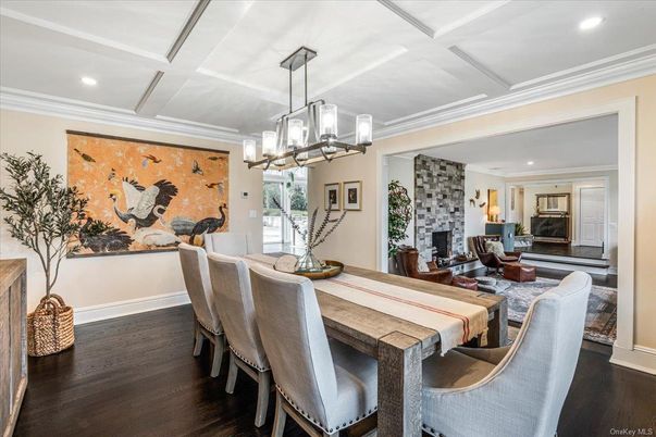 Dining room, Fireplace, Interior, Living room, Pendant Lights, Recessed Lighting, Wood Texture Flooring