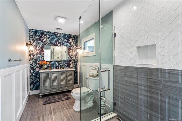 Bathroom, Glass Shower, Interior, Wood Texture Flooring