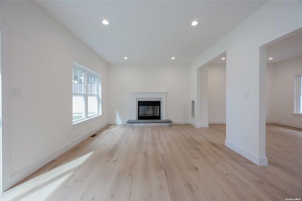 Empty room, Fireplace, Interior, Recessed Lighting, Wood Texture Flooring