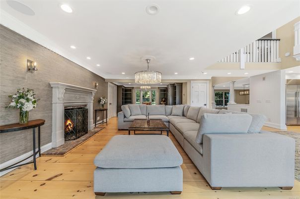 Chandelier, Fireplace, Interior, Living room, Recessed Lighting, Wood Texture Flooring