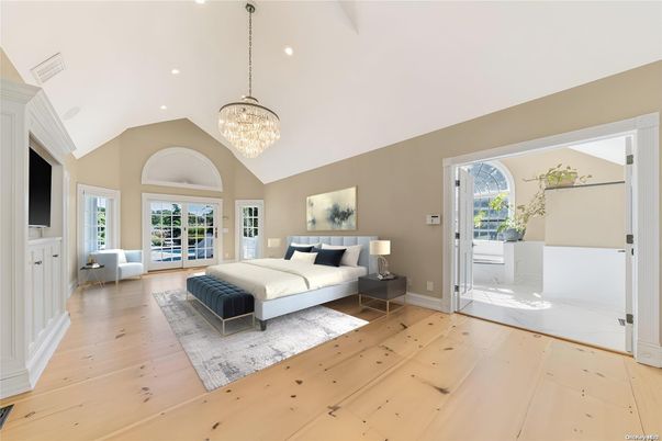 Bedroom, Chandelier, Interior, Recessed Lighting, Wood Texture Flooring