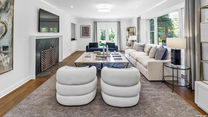Fireplace, Home Office, Interior, Living room, Recessed Lighting, Wood Texture Flooring