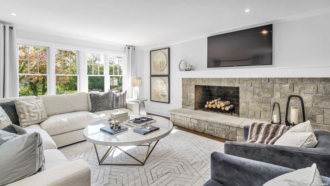 Fireplace, Interior, Living room, Recessed Lighting, Stone Walls