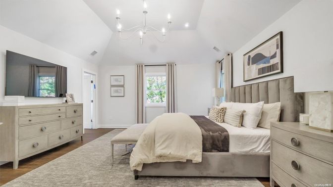 Bedroom, Chandelier, Interior, Recessed Lighting, Wood Texture Flooring