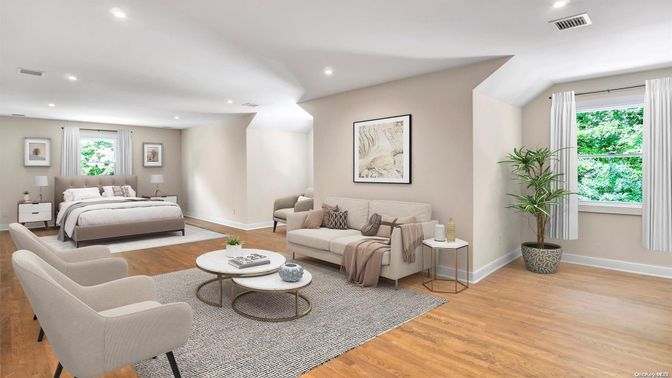 Bedroom, Interior, Living room, Recessed Lighting, Wood Texture Flooring