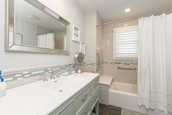 Bathroom, Glass Shower, Interior, Recessed Lighting, Wood Texture Flooring