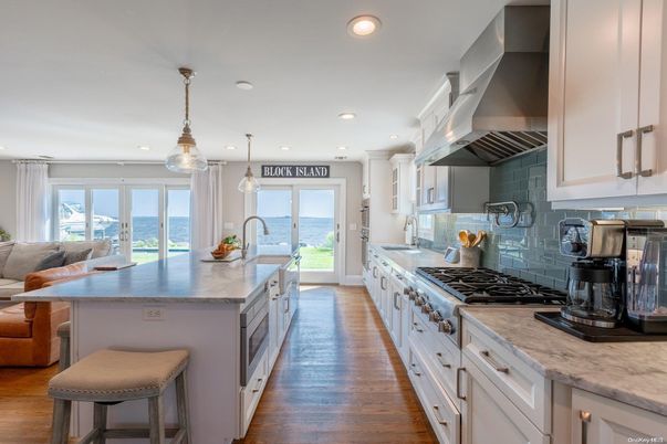 Interior, Kitchen, Pendant Lights, Recessed Lighting, Stainless Steel Appliances, Water, Wood Texture Flooring