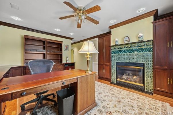 Fireplace, Home Office, Interior, Recessed Lighting, Wood Texture Flooring