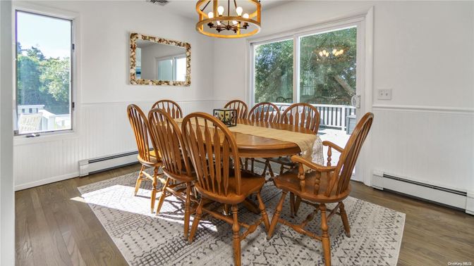 Dining room, Interior, Pendant Lights, Wood Texture Flooring