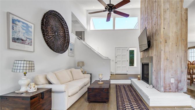 Fireplace, Interior, Living room, Recessed Lighting, Wood Texture Flooring, Wooden Walls