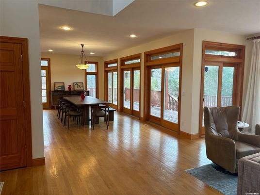 Dining room, Interior, Pendant Lights, Recessed Lighting, Wood Texture Flooring