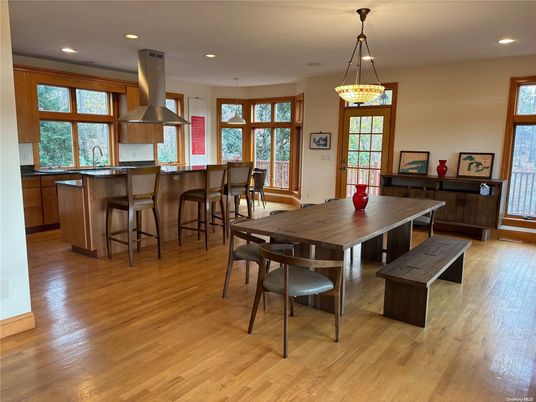 Dining room, Interior, Kitchen, Pendant Lights, Recessed Lighting, Wood Texture Flooring