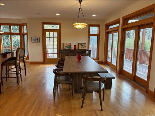 Dining room, Interior, Pendant Lights, Recessed Lighting, Wood Texture Flooring