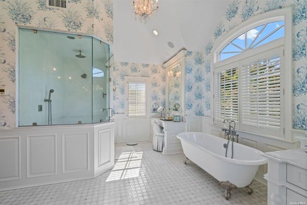 Bathroom, Chandelier, Free Standing Baths, Glass Shower, Interior, Recessed Lighting