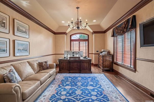 Chandelier, Home Office, Interior, Recessed Lighting, Wood Texture Flooring