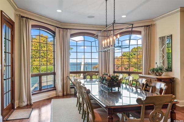 Dining room, Interior, Pendant Lights, Recessed Lighting, Water, Wood Texture Flooring
