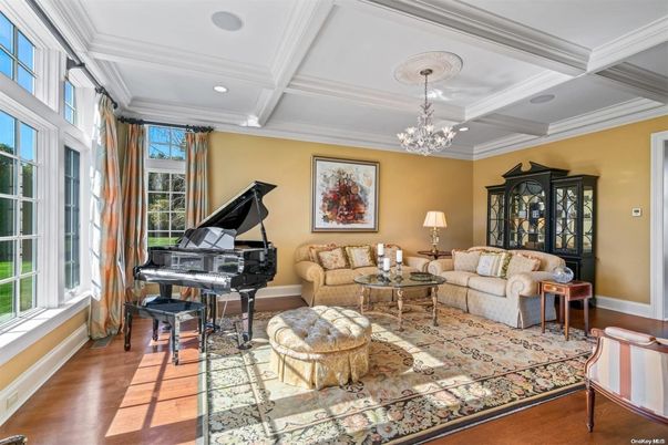 Chandelier, Interior, Living room, Piano, Recessed Lighting, Wood Texture Flooring