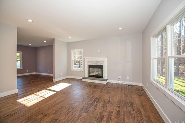 Empty room, Fireplace, Interior, Recessed Lighting, Wood Texture Flooring