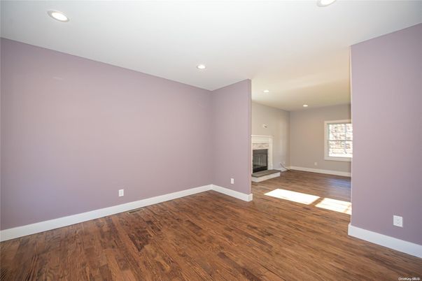 Empty room, Fireplace, Interior, Recessed Lighting, Wood Texture Flooring